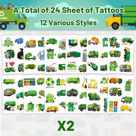 24 Sheets Garbage Truck Temporary Tattoos Stickers, Garbage Trash Truck Party Favors Supplies Birthday Decorations Gifts for Kids Boys Girls Classroom Rewards