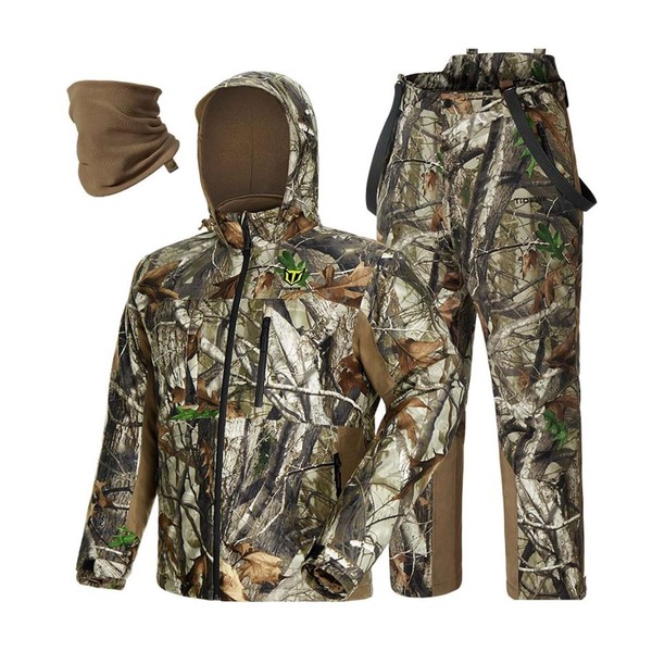 TIDEWE Hunting Clothes for Men with Face Mask, Silent Waterproof Hunting Jacket and Adjustable Bibs, Insulated-Lined, Safety Strap Compatible (Next Camo G2 Size S)