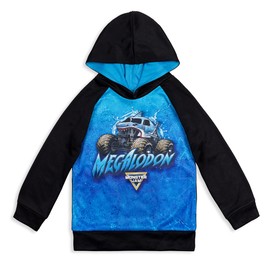 Monster Jam Sudadera con capucha de raglán con forro polar Trucks, Azul / Patchwork, 4 Años