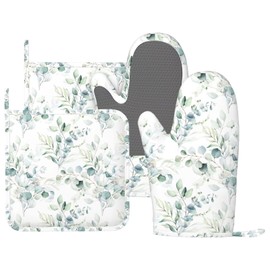MENGFEISI Eucalyptus Leaf Oven Mitts and Pot Holders Sets for Kitchen Silicone Sage Green Botanical Watercolor Plants Oven Gloves Heat Resistant Oven Mitts with 2 Non-Slip Pads Kitchen Gloves for BBQ