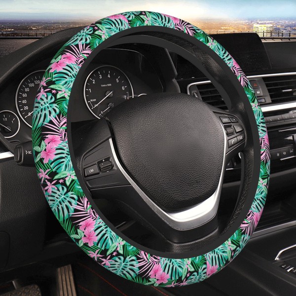 Pink Hawaiian Flower Steering Wheel Cover Neoprene Material Most Cars