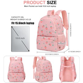 Octsky School Backpack for Teen Girls Cute Corduroy Kids Bookbag with Lunch Box Set, Pink/Strawberry