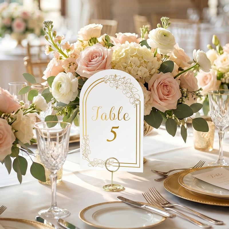 4x6 Inch Wedding Table Numbers 1-20 with Gold Holders (White)