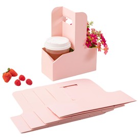 15 Pack 2/4 Cup Drink Carrier with Handle - Sturdy Kraft Paperboard Coffee Cup Holder for Hot/Cold Drinks, Food Delivery, Takeout, Parties (Pink, Disposable, 15 Count)