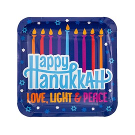 Fun Express Hanukkah Menorah Square Paper Dinner Plates - Hanukkah Theme Disposable Dessert Paper Plates - Decorative Dinner Plates for Party Tableware Supplies Table Decor - 8 Pieces
