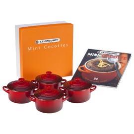Le Creuset Stoneware Set of 4 Mini Cocottes with Cookbook, 8 oz. each, Cerise
