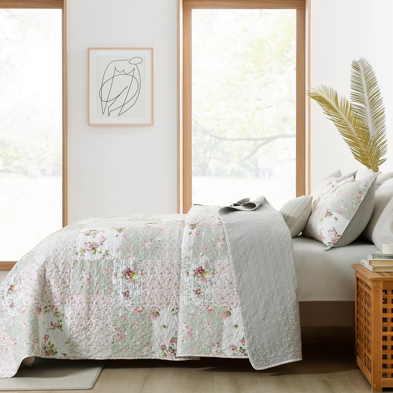 HIARUO Quilt Set Queen Size 3 Pieces Floral Patchwork Comforter