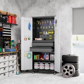 GangMei Metal Garage Storage Cabinet with Locking Doors and Adjustable Shelves, 71"H Rolling Tool Storage Cabinet with Wheels, 2 Drawers, Pegboard and 16 Hooks for Garage, Warehouse, Black and Silvery
