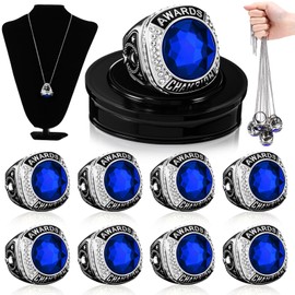 Landical 10 Pcs Championship Trophy Rings Bulk MVP Trophy Ring Award Medal Gift Prize with Neck Chains Display Stand for Basketball Baseball Football Sport Tournament Champion Winner(Azure Silver)