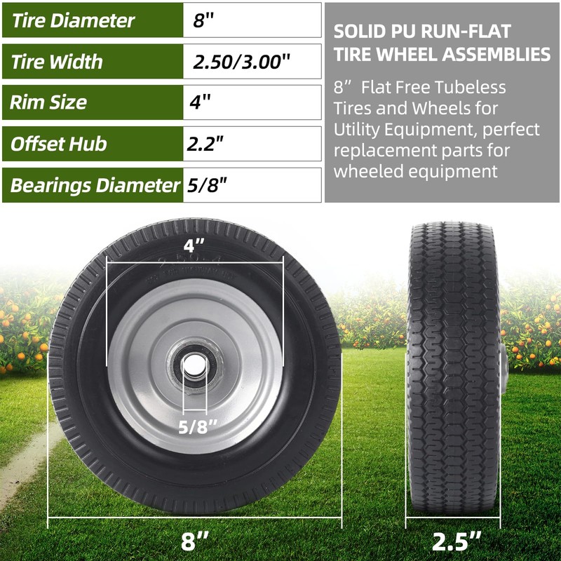 AR-PRO (2-Pack) 8-Inch Solid Wheel Replacement - 2.50-4" Flat Free