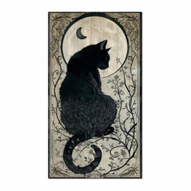 Retro Wooden Hanging Sign, Gothic Black Cat & Moon Greenery Wall Art With 2 Hook On The Backside, Artwork Witchcraft, Cat Lover Decorative Sign For Bedroom, Home & Office Decor - A04