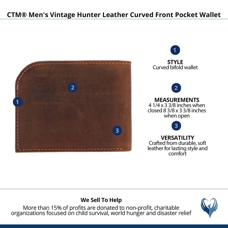 Men's Vintage Hunter Leather Curved Front Pocket Wallet, charcoal