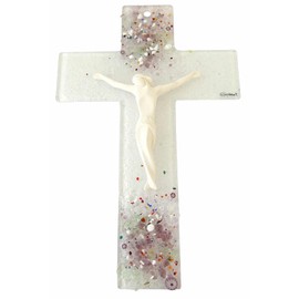 KVN Glass Cross with Ceramic Body (10 cm) with Murano Glass Flowers Approx 21 x 13.5 cm
