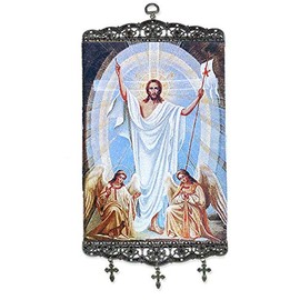 Needzo Image of Christ Resurrection of Jesus Icon Tapestry Banner With 3 Metal Crosses Wall Hanging 17 Inch