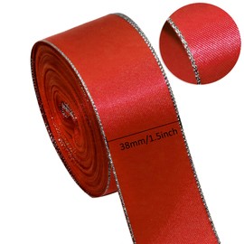 David accessories Satin Ribbon with Silver Edges 1.5 Inch Wide 20 Yards, Gold Border Fabric Ribbons for Gift Wrapping DIY Crafts Christmas Decor Wreath Bows Invitations (Red)
