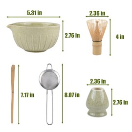 5 Pcs Matcha Kit, Match Bowl with Spout and Whisk, Matcha Scoop, Matcha Whisk Stand (Chasen Holder), Stainless Sifter, 5 Pcs Perfect Matcha Kit for Matcha Tea Ceremony (Mottled Green)