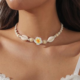 HUASAI White Shell Necklace for Woman Puka Shell Flower Choker Necklace Summer Seashell Necklace Trendy Beach Vacation Outfits for Women Jewelry Gifts
