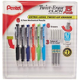 Pentel Twist-Erase Click Mechanical Pencils 0.7mm, HB #2, School Supplies, Teacher Supplies, Drawing Sketching pencils, Assorted Barrel Colors- 6 Mechanical Pencils, 6 Erasers, 3 Tubes of Lead Refills