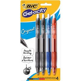BIC Gelocity Retractable Gel Pen, 0.7 mm Medium Tip, Assorted Colors, Pack of 4