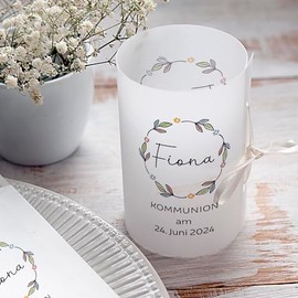 Set 6 x personalisierbare Lichth√ºlle f√ºr Tischlicht Bl√ºtenkranz Pastellfarben Kommunion Konfirmation Taufe Firmung Jugendweihe Geburtstag jeder Anlass