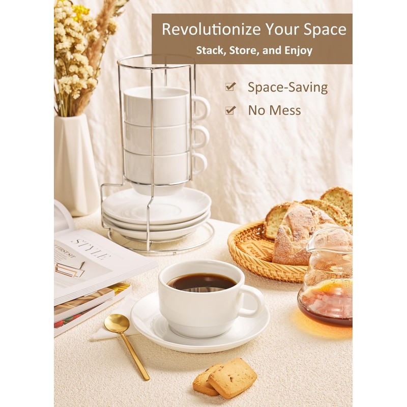 Yedio 4 oz Espresso Cups with Saucers and Metal Stand,