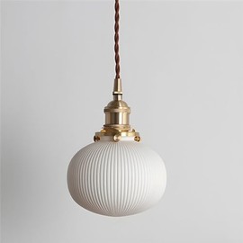 NIUYAO Pendant Lighting Modern Frosted Ribbed White Glass Shade Hanging Lamp Matte Brass Chandeliers for Living Dining Room Restaurant Gift -Globe