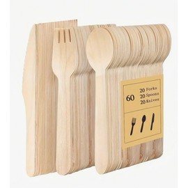 Paquete de 60 Cubiertos Desechables de Madera - Medida: 16 cm - 20 Cucharas, 20 Tenedores y 20 Cuchillos - Ecológicos y Compostables - Perfectos para Comidas, Picnics, Fiestas, Delivery y Catering.