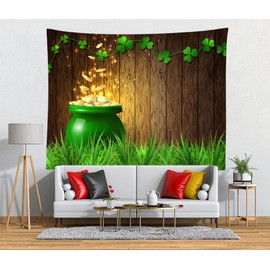 CORFOTO St Patricks Day Tapestry Wall Hanging Irish Green Shamrock Pot of Gold Wooden Plank for Bedroom Living Room Dorm Decor Saint Patricks Day Backdrops Fabric 60Wx40H inches