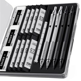 Juego de 4 lápices mecánicos de metal de 0,5 mm y 0,7 mm, 480 recambios de plomo, 12 borradores, lápiz de plomo fresco con estuche para escritura escolar, bocetos, trabajo técnico, proyectos de arte