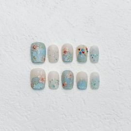 TENPAL Hand-Painted Cloisonne Press on Nails 10Pcs Kit,Short Squoval Blue Porcelain Gradient Fake Nails,Cat Eye Glitter Oriental Bloom False Nails,Chinese Classical Art Glue on Nails for Women(S)