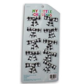 Tiny Bow Ornaments - Rustic Woven Buffalo Plaid Christmas Bows for Mini Trees and Presents - 10 Count (Black and White Check)