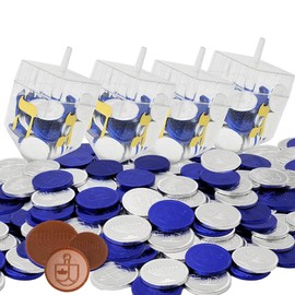 The Dreidel Company 6-Pack Dreidel Filled with Blue and Silver Hanukkah Chocolate Gelt Coins, 10 Chocolate Menorah and Dreidel Gelt, Milk Chanukah Gelt, Kosher Certified OU Dairy Total 60 Coins