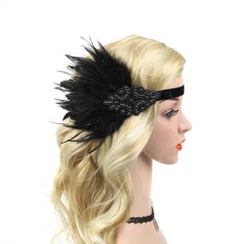 Song Qing Roaring 20's Flapper Rhinestone Headband with Feather Vintage 1920s Hair Hoop Headpiece (Black)