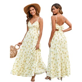 HTZMO Women Casual Summer Floral Maxi Sundress V Neck Spaghetti Strap Bow Tie Backless Flowy Boho Beach Long Dress 2025 Yellow Floral M