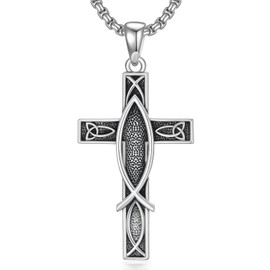 ROMANTICWORK Cross Necklace for Men 925 Sterling Silver Christian Fish Pendant Religious Jewelry for Father Husband Birthday Christmas, Sterling Silver, No Gemstone