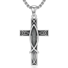 ROMANTICWORK Cross Necklace for Men 925 Sterling Silver Christian Fish Pendant Religious Jewelry for Father Husband Birthday Christmas, Sterling Silver, No Gemstone