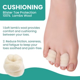 6 Pcs Lambs Wool Padding for Toes - Provides Cushioning Comfort and Pain Relief Between Toes - Corn Cushion Blister Pads, 7/16 oz