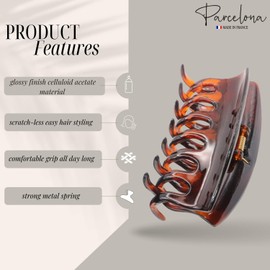 Parcelona French Arch Medium 3 1/4" Celluloid Set of 2 No Slip Grip Hair Claw Clips for Women, Made in France (Black and Tortoise Shell)