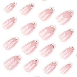 Almond Press on Nails French Tip Short Fake Nails 3D Handmade Chrome Gold Designs Glossy Full Cover False Nails Almond Shaped Artificial Nails Acrylic Glue on Nails for Women Manicure Decor 24Pcs