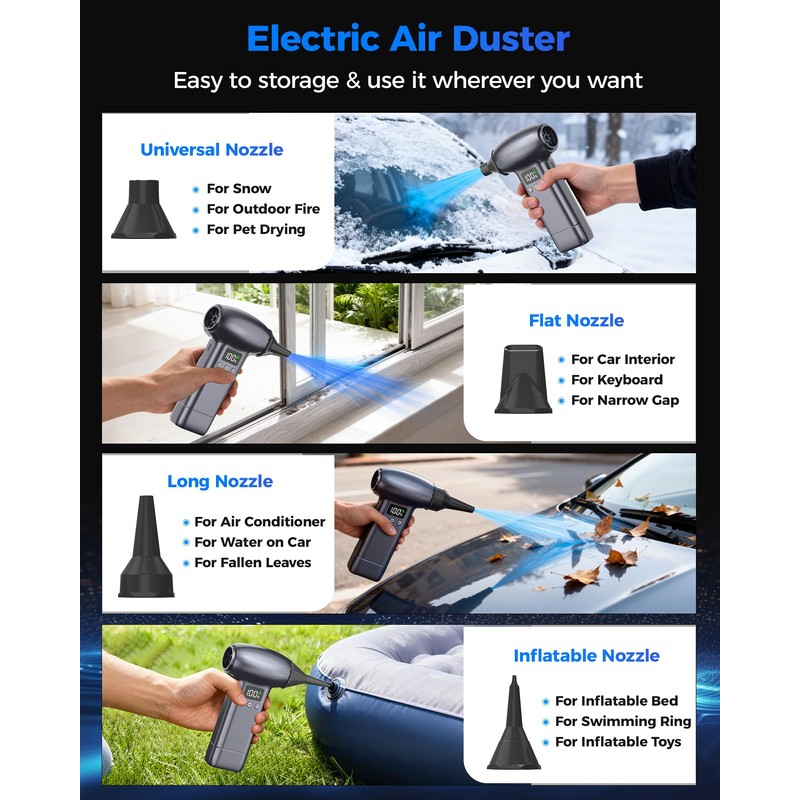 Upgraded Compressed Air Duster-300000RPM Ultra-Powerful Brushless Motor Electric Air Duster