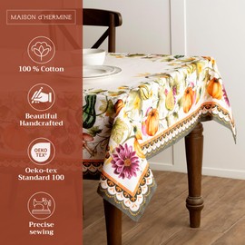 Maison d' Hermine Pumpkin Garden - Cloudy Cream 100% Cotton Tablecloth Kitchen Dining Table Cloth for Square Tables Farmhouse Tabletop Cover for Parties, Wedding Thanksgiving/Christmas (60"x60")