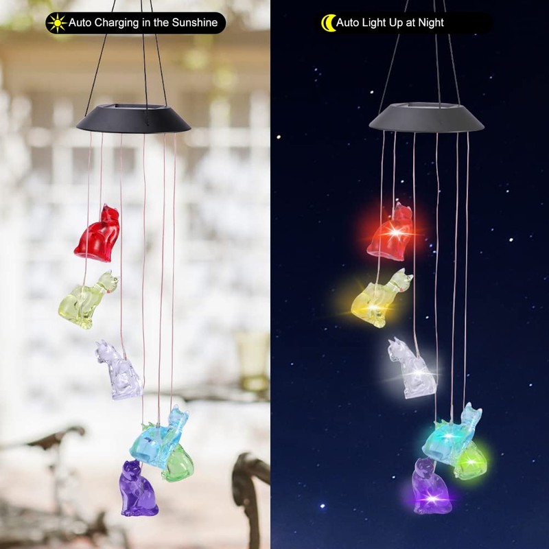 Solar Cat Wind Chimes, 6 LED Cat Memorial Wind Chimes