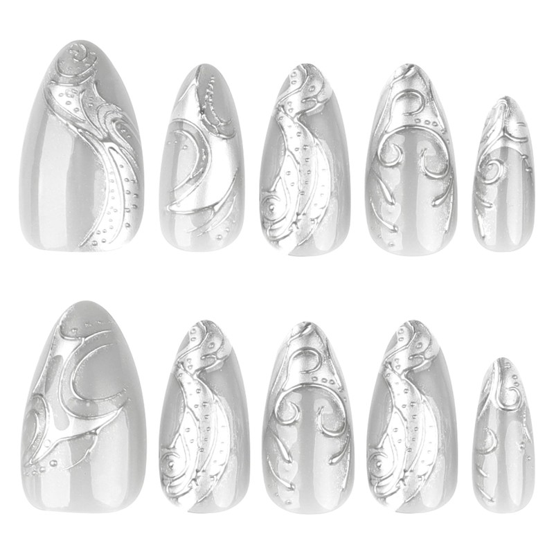 Silver Press on Nails Medium Almond Fake Nails Metal Chrome