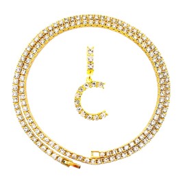 HH Bling Empire Iced Out Hip Hop Gold Faux Diamond Bubble Dripping Letter Tennis Chain Necklace 20 Inch (Bubble Letter C)