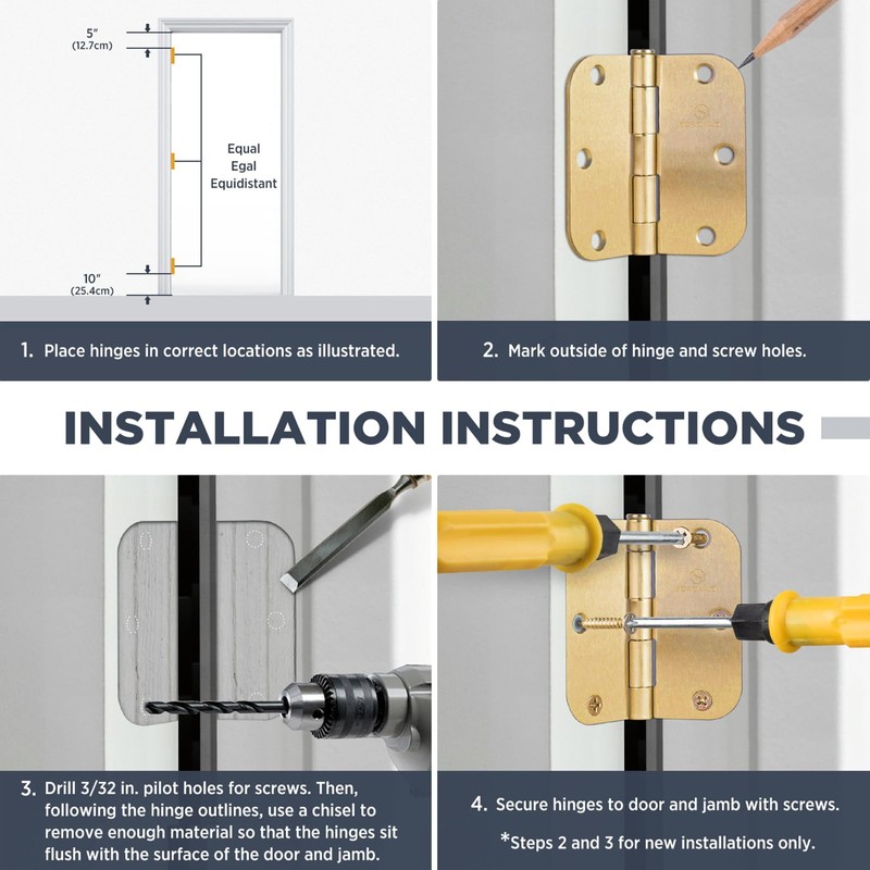 Door Hinges Polished Brass 3.5 Inch Interior Hinges 5/8" Radius