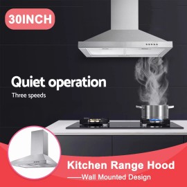 Tieasy 450CFM Wall Mounted 30 inch Range Hood Stainless Steel Vent 3-Speed New