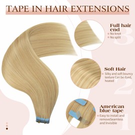 AGMITY Tape in Hair Extensions Human Hair 18 Inch,Invisible Seamless Remy Human Hair Extensions,Silky Straight with Thick Ends Tape Ins for Women 20Pcs(#P18/613)