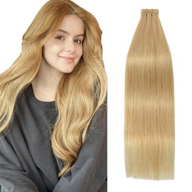 16 Inch Aison Tape in Brazilian Human Hair Extensions Remy Human Hair Glue in Hair Extensions Balayage Seamless Silky Straight Skin Weft 100% Natural Hair(16Inch #27 Honey Blonde 20pcs 30g)