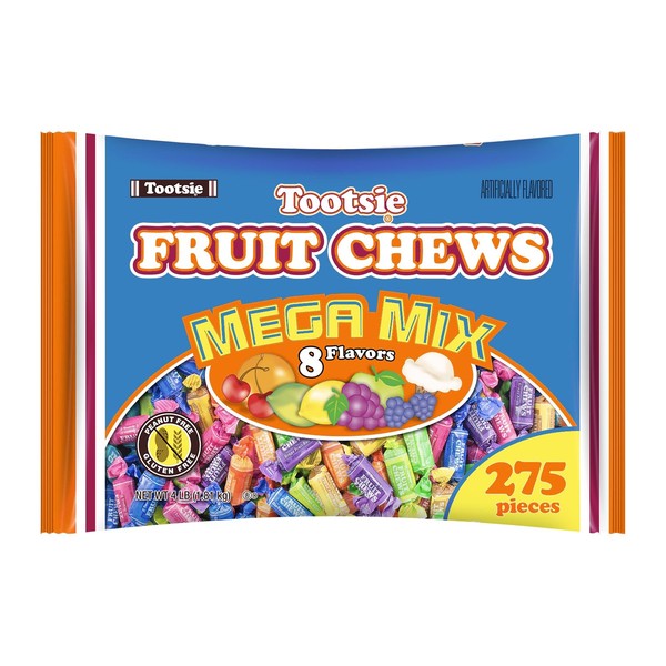 Tootsie Roll Fruit Chews Mega Mix 8 Flavors- 4 Pounds of Soft Fruity Rainbow Candy – 5 Classic Flavors Plus 3 BONUS Flavors - Peanut and Gluten Free (275 Pieces) - Packaging May Vary