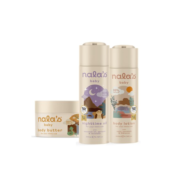 Nala's Baby Skin Bundle | Body Butter, Body Lotion, Nighttime Oil | Award-winning | Dermatologically-tested and Paediatrician-approved | Tear-Free | Soothing Oat and Shea Butter | Vegan | Nalas Baby